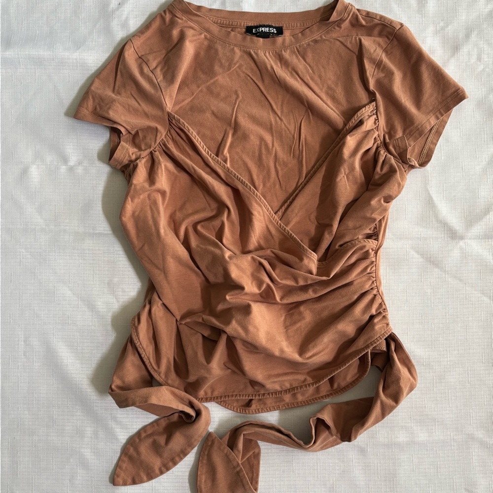 Express Women's Beige Short Sleeve Wrap Top